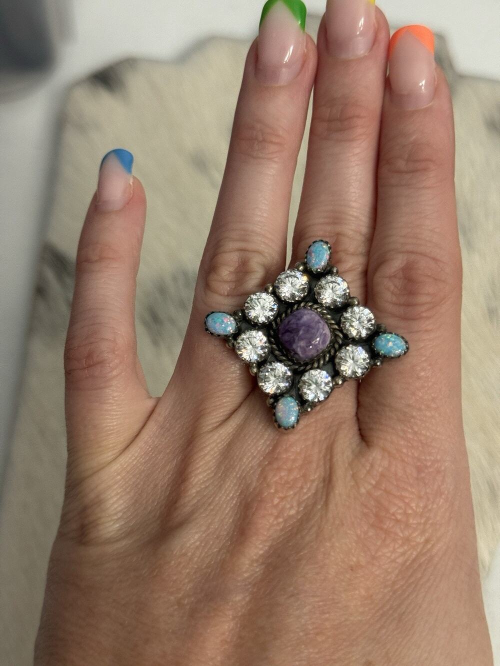 Huge Sterling Silver Purple Charoite Fire Opal & CZ Adjustable Cluster Ring 925